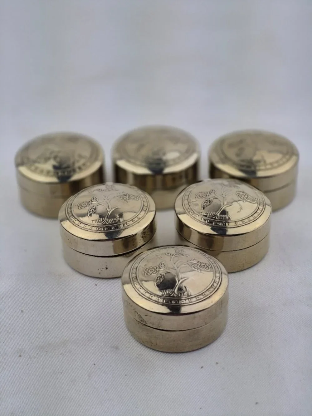 Vintage Silver Tone Brass Pill Box Embossed Floral Made in Thailand Set of 6